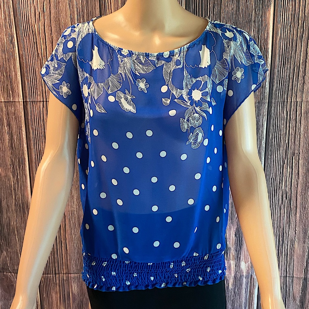 Forever 21 size small electric bright blue & white floral sheer boho blouse